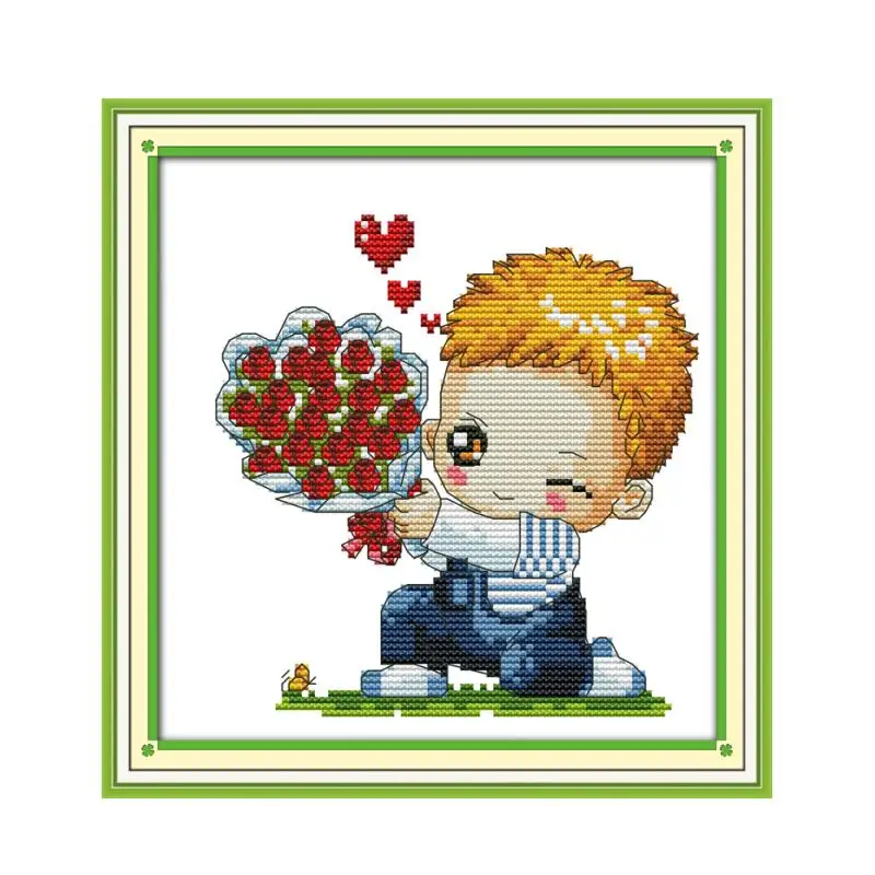

The boy brings flower for courtship cross stitch kit 11ct count print canvas stitches embroidery DIY handmade needlework plus