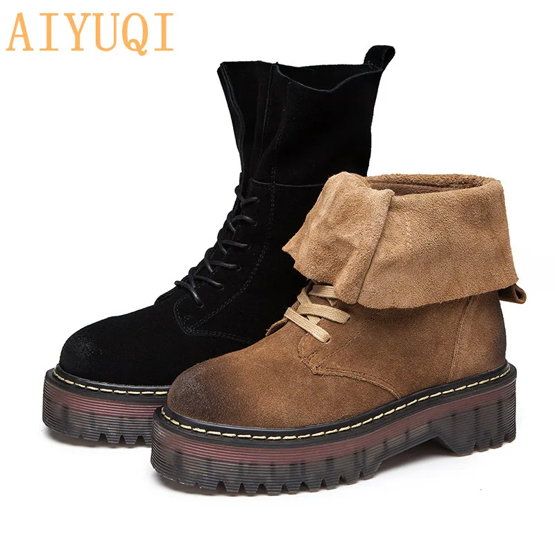 AIYUQI; Новинка года; сезон осень; женские Ботинки martin из натуральной кожи; ботинки на платформе, визуально увеличивающие рост; ботильоны для женщин с круглым носком