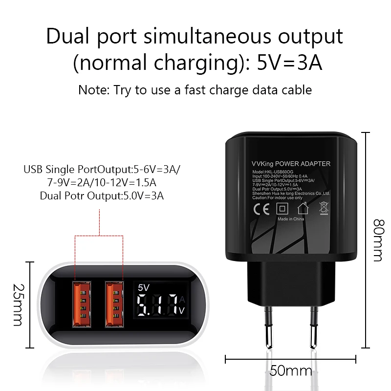 VVKing 2 USB зарядное устройство Quick Charge 3,0 18 Вт быстрое зарядное устройство HD Smart display EU Разъем для iPhone X samsung Xiaomi huawei QC3.0 зарядное устройство
