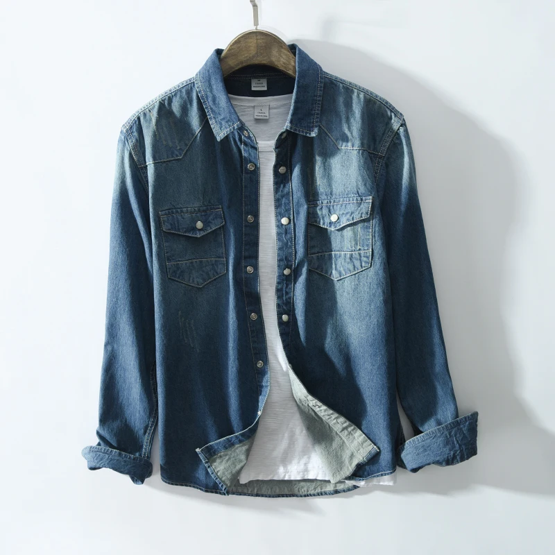 Mens Gradient Denim Shirt Men Light Blue Man Cotton Double Pocket Dress Slim Fit Long Sleeve Blouse II50CS | Мужская одежда