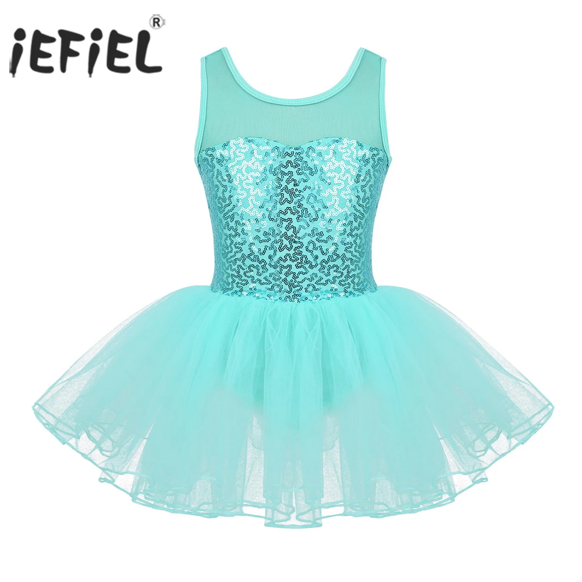 

iEFiEL Child Leotards for Girls Dance Wear Mesh Splice Sequins Ballet Costumes for Kids Gymnastics Leotard Dancing Tutu Dress