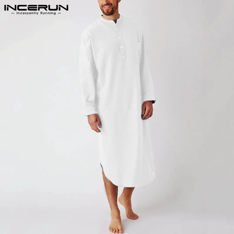 2022 Men's Sleep Robes Solid Color Cotton Long Sleeve Comfort Leisure Homewear O Neck Nightgown Mens Bathrobes INCERUN S-5XL 7