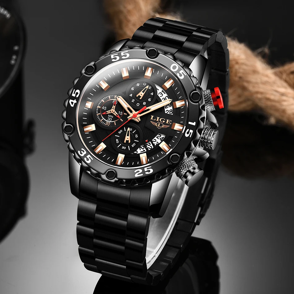Часы наручные LIGE Мужские кварцевые Спортивные Светящиеся с указателем самолета