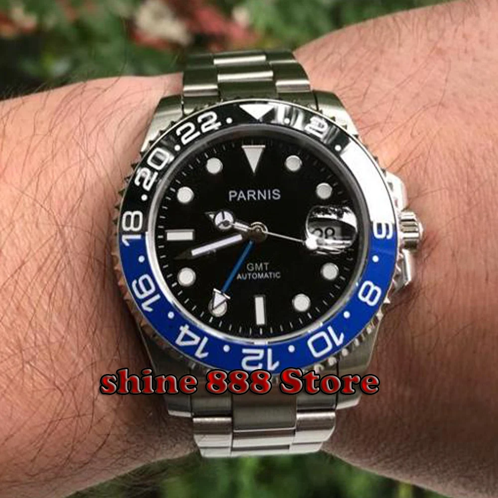 

40mm Parnis Black and blue Ceramic Bezel black dial blue GMT hands luminous marks sapphire glass automatic Mens Watch