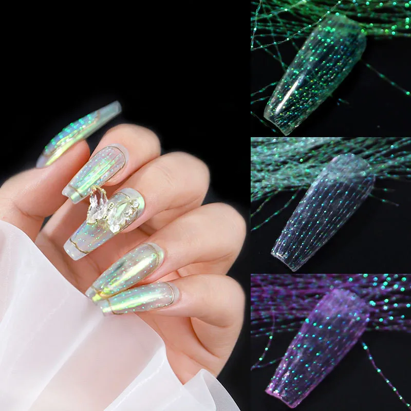 

New Fashion Fluorescent Thread Nail Sticker Laser Glitter Mesh Net Line Tape Holographic 3D Silk Foils Nail Art Decorations