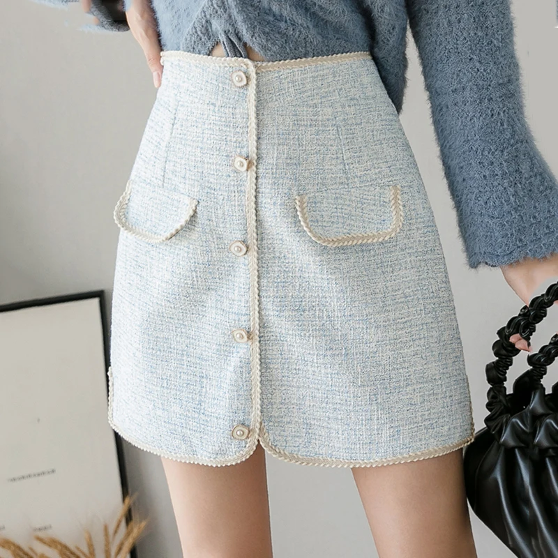 Женская твидовая мини юбка MUMUZI клетчатая короткая с высокой талией и пуговицами