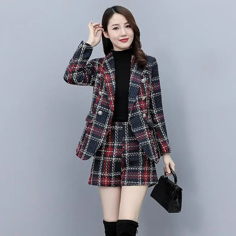 Women Autumn Winter Red Plaid Tweed Blazer Suit Sets 2021 Fashion Double Breasted Woolen Jacket Coat Shorts Two Piece Set