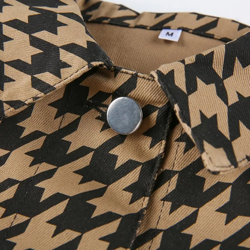 

Women Houndstooth Cropped Jacket Pocket Button Turn Down Collar Long Sleeve Coat