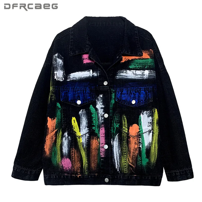 

Женская джинсовая куртка с длинным рукавом, черная Свободная джинсовая куртка оверсайз с граффити ручной росписью, уличная одежда, осень 2021