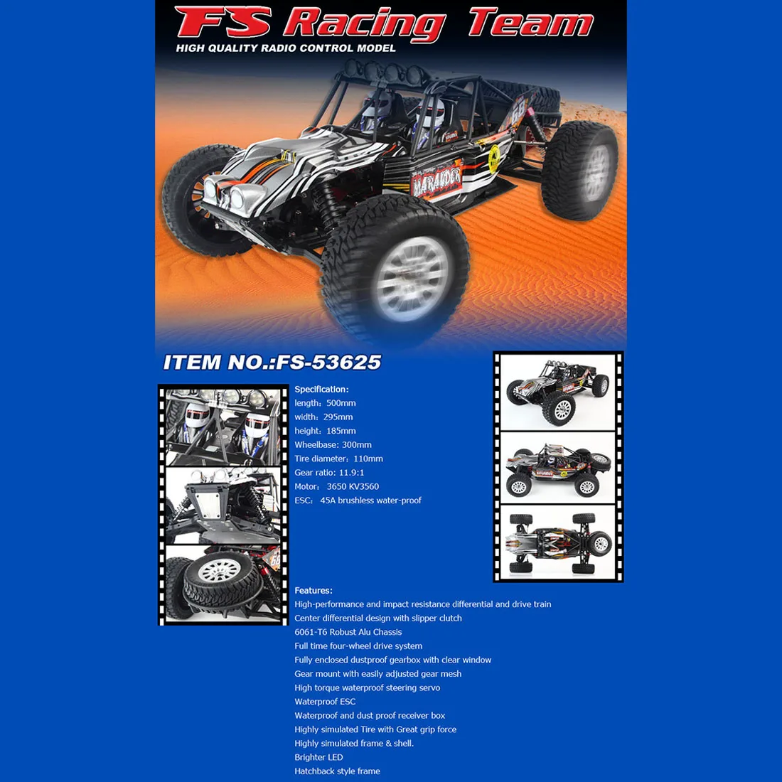 

FS Racing 53625 1:10 4WD Electric Brushless Desert Off-Road Vehicle 2.4G Wireless RC Model Car - RTR Version