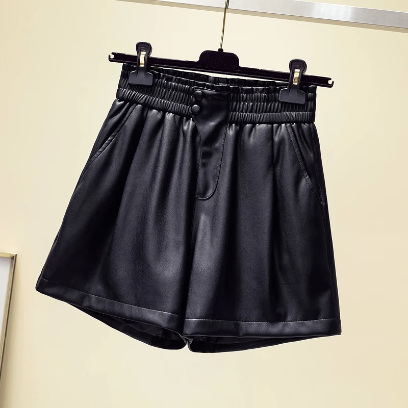 

Black Pu Wide Leg Korean Style Fashion Autumn Women'S Clothing 2022 Casual High Waist Shorts Female