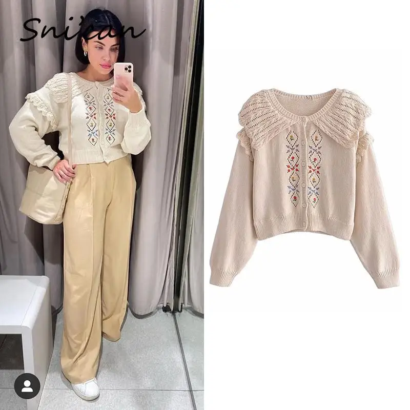 

Вязаный свитер с цветочной вышивкой, с воротником Питера Пэна, Свободный Повседневный женский кардиган, женский жилет, длинный осенне-зимни...