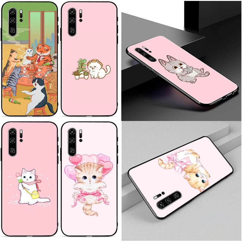 

Pink Cat Play Phone Case For Huawei P30 Pro Lite Angel Demon Painting Cases Coque Soft TPU Back Cover Carcasa