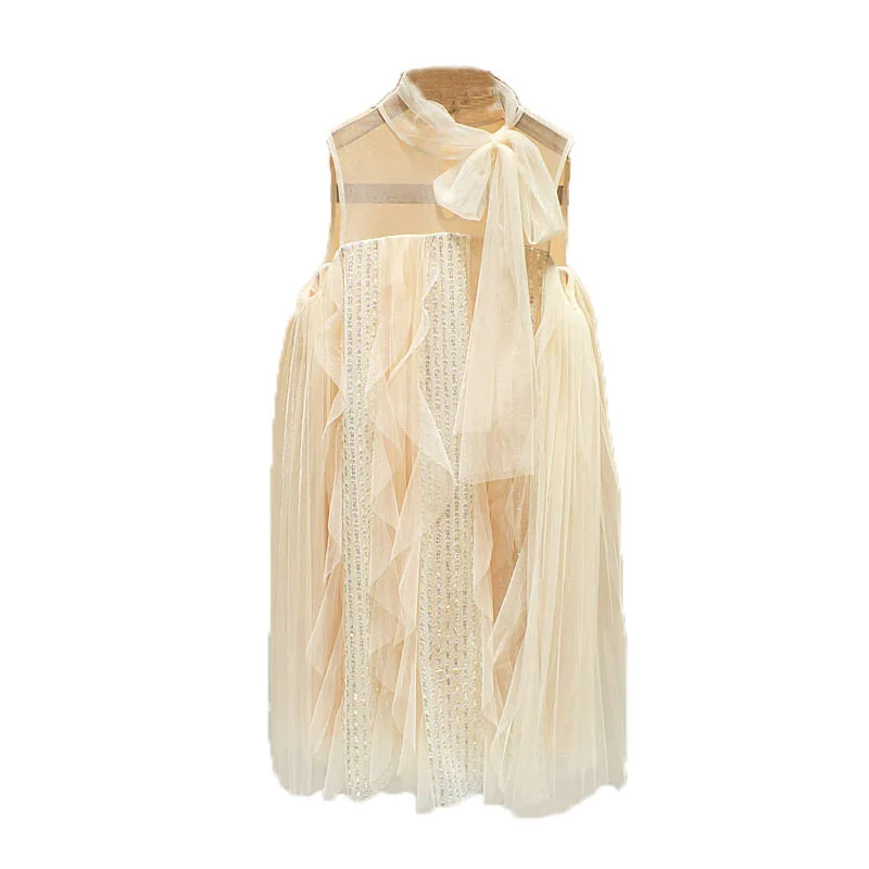 

2020 spring women's sleeveless mesh perspective Sexy Sequin bow dress s200030