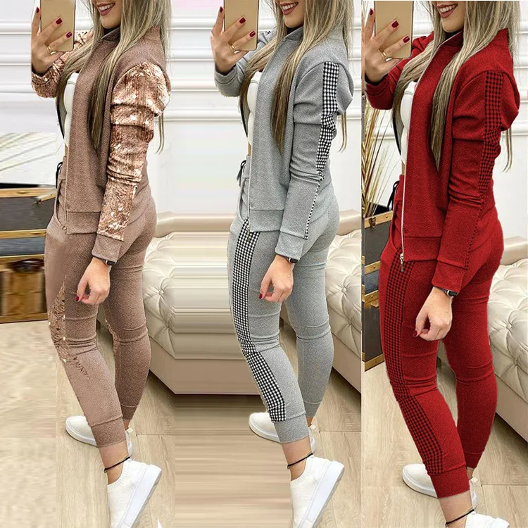 

2021 autumn multi-color two-piece casual women's suit with contrast color sports two-piece suit