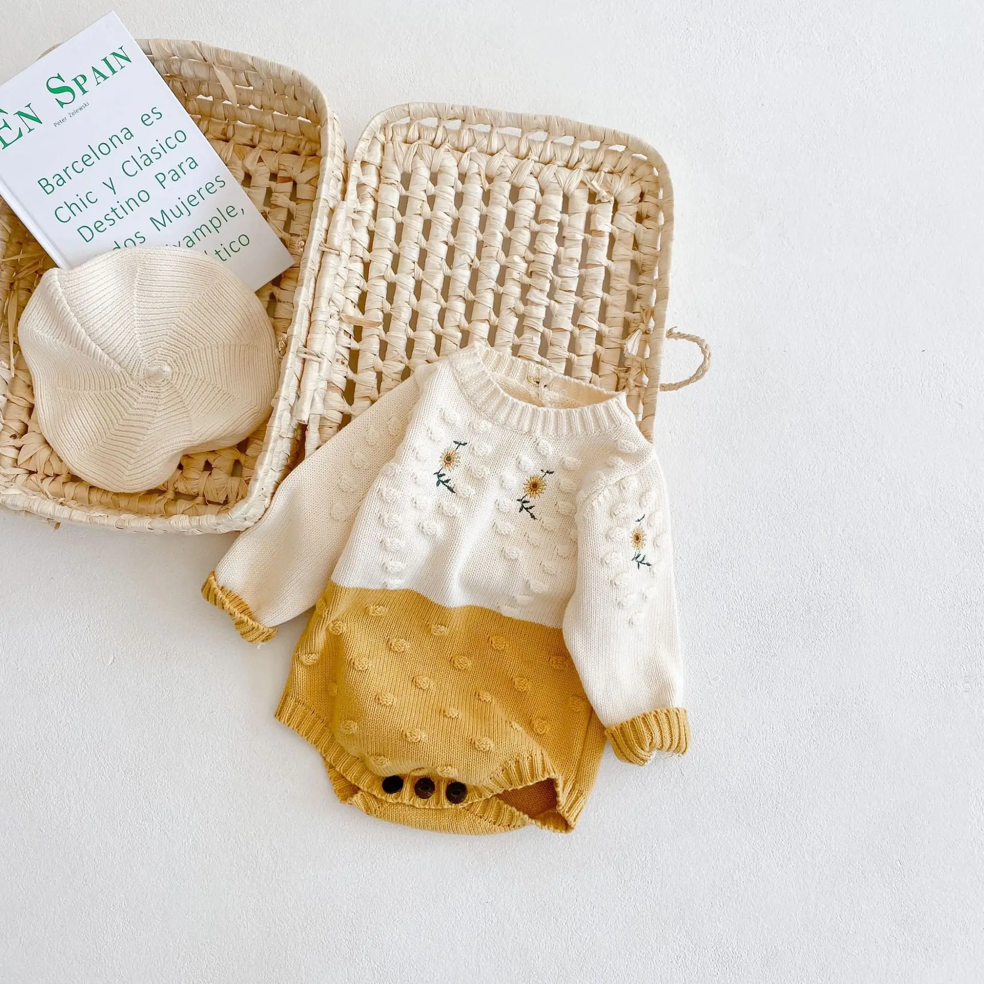 Spring Baby Girl Rompers Girl Long Sleeves Knit Sunflower Embroider Rompers Autumn Baby Girl Newborn Rompers Clothes bamboo baby bodysuits	