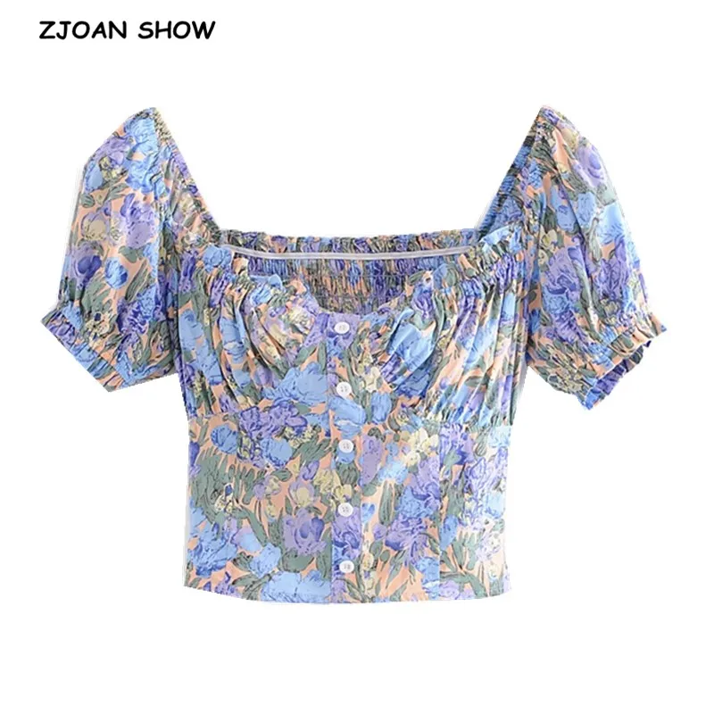 

French Ruched Elastic Purple Blue Floral Print Crop Shirt Women Sexy Wood Ears Ruffle Square Collar Slim Fit Blouse French Tops
