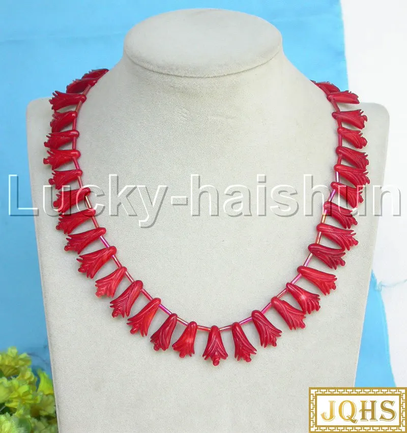 

JQHS AAA Natural 17" Carved Flower Red Coral Necklace 18KGP Clasp J13259