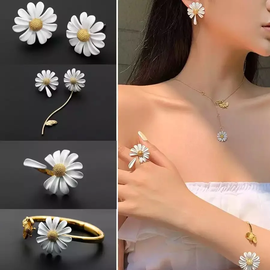 Creative Fashion Daisy Bee Open Design Bracelet Ring Necklace Earring Painted Flower Set for Women Fashion Dress Jewelry