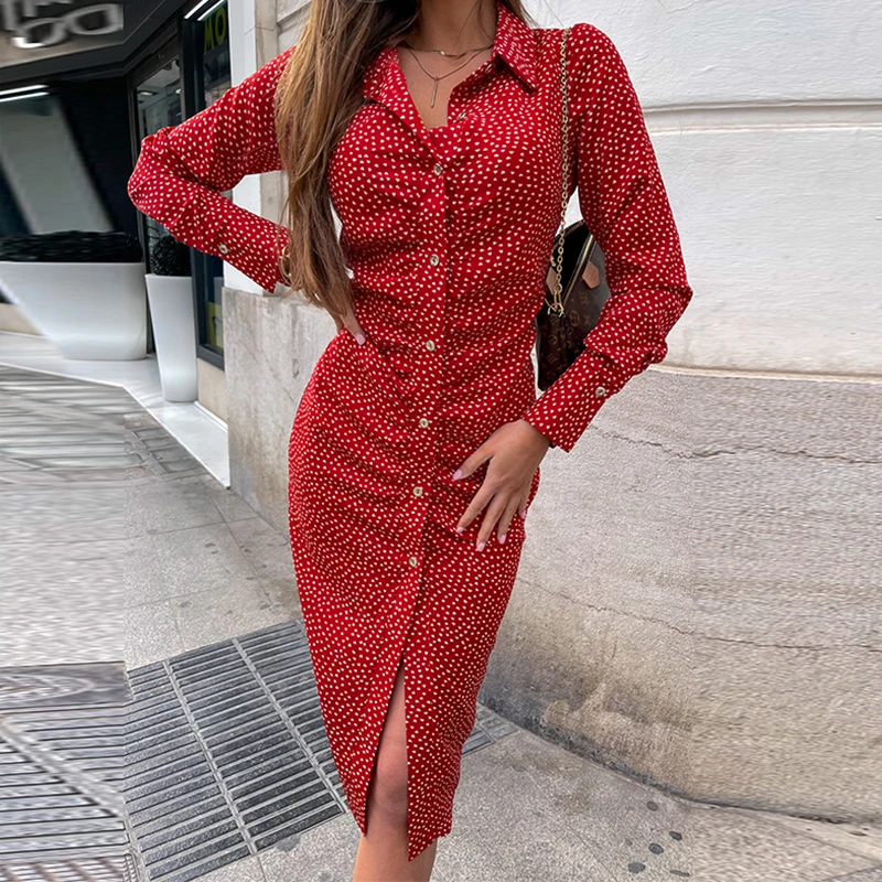 

2021 New Fashion Polka Dot Lapel Shirt Dress Long Sleeve Turn Down Collar Commuter Leisure Work Occupation Slim Midi Length
