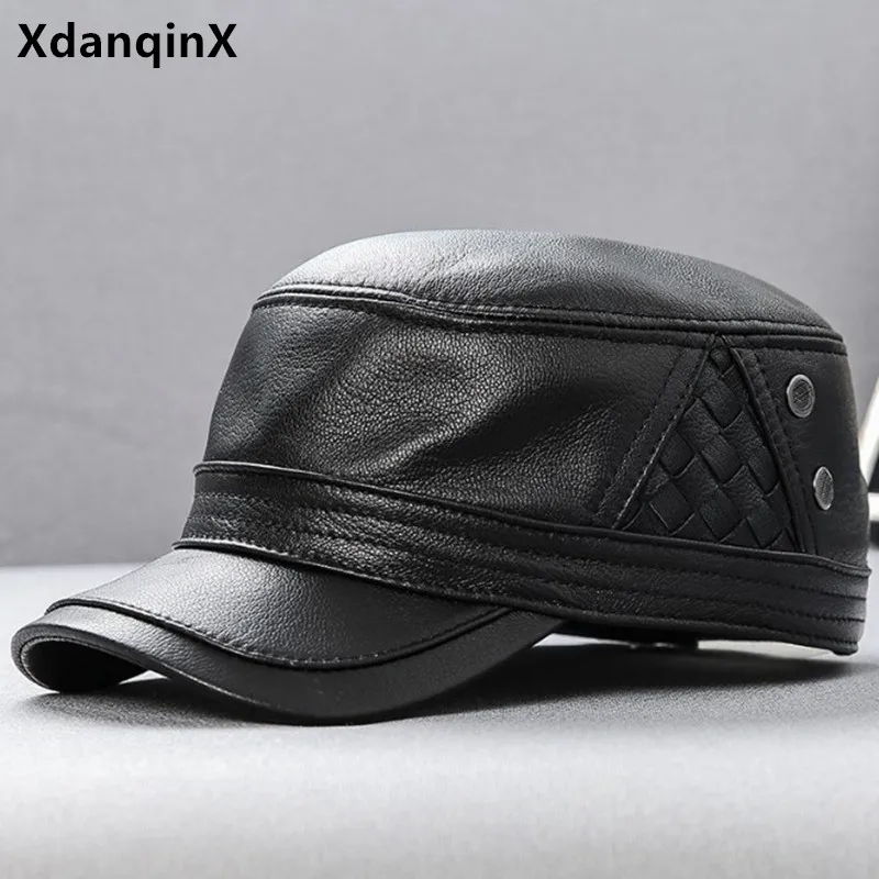 

XdanqinX New Natural Genuine Leather Cap Army Military Hats For Men Adjustable Size Sheepskin Leather Hat Men's Brands Flat Caps