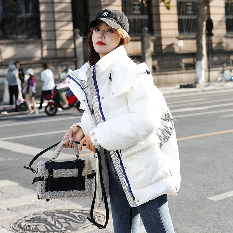 Зимняя блестящая стеганая куртка с буквенным принтом плотное пальто карамельных