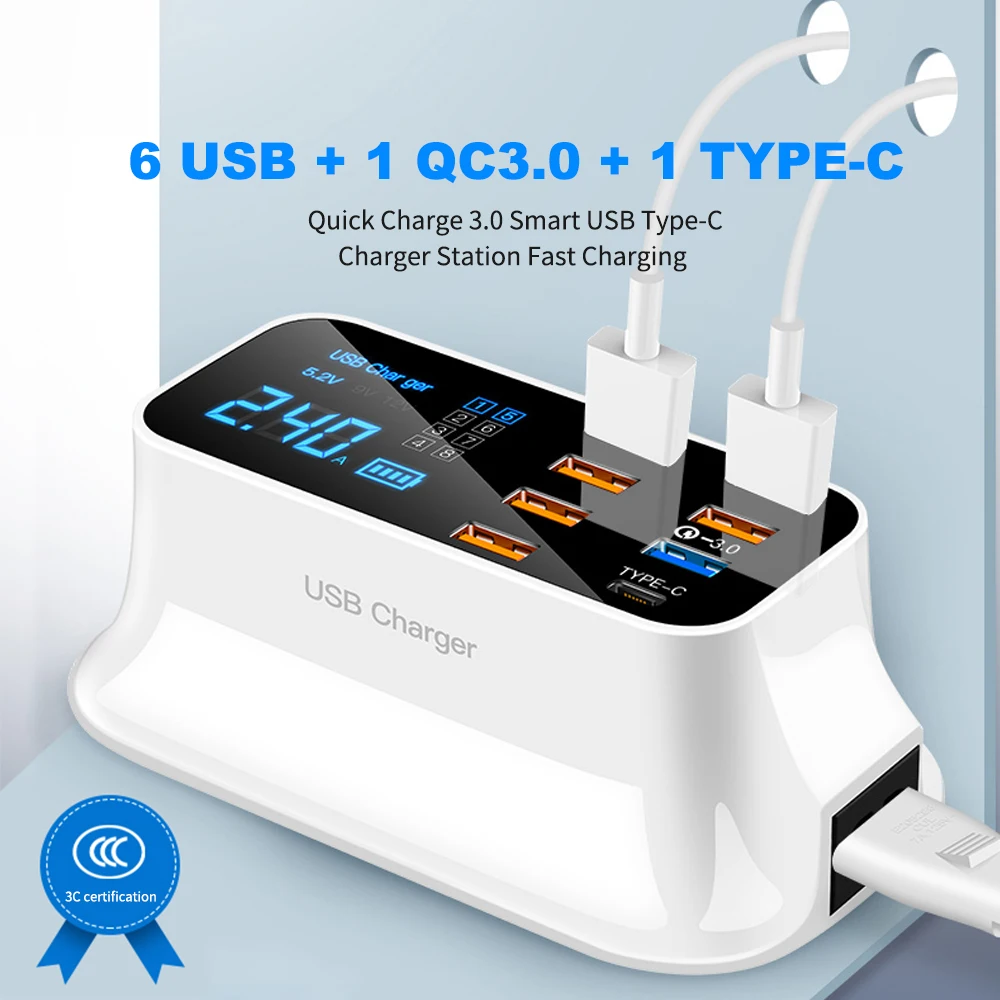 

40W 8 Port USB Type C Charger Phone USB Charger Wall Quick Charge 3.0 Fast Charging Desktop Socket Adapter Station LED Display