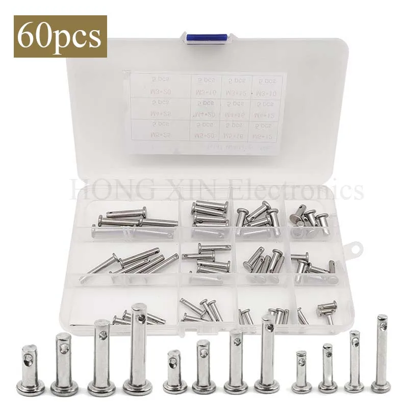 60Pcs M3 / M4 / M5 12 Species Stainless Clevis Pin Flat Head Pin with Hole Location Pin T-Shape Round Pin Assortment Kit