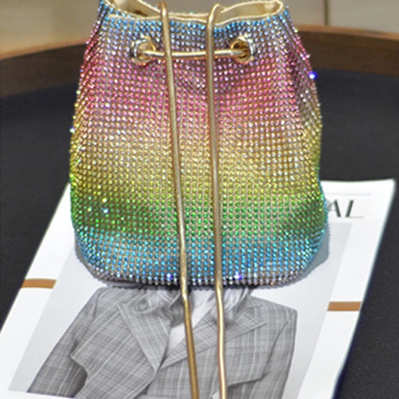 

ASDS-Crystal Bucket Bag, Ladies Multi-Color Rhinestone Ladies Handbag, Personalized Messenger Shoulder Bag