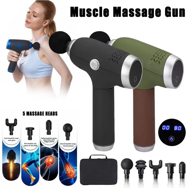 6 Gears Massage Gun LCD Percussion Massager Deep Muscle Vibrating Relaxing Therapy Pain Relief Fascia Gun +5 Heads+Storage Box