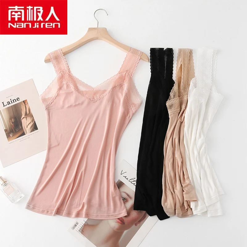 

Nanjiren Women Underwear Lace Flower Silk Vest Comfortable V-Neck Casual Home Cool Breathable Solid Color Girls Vest Bra