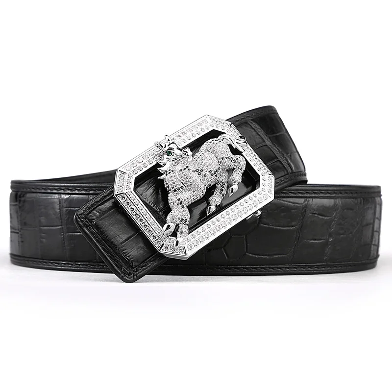 horse black McParko Crocodile Belt Mens Leather Belts With Buckle Luxury Animal Design Genuine Leather Waist Belt with rhinestones Buckle - Цвет: horse black