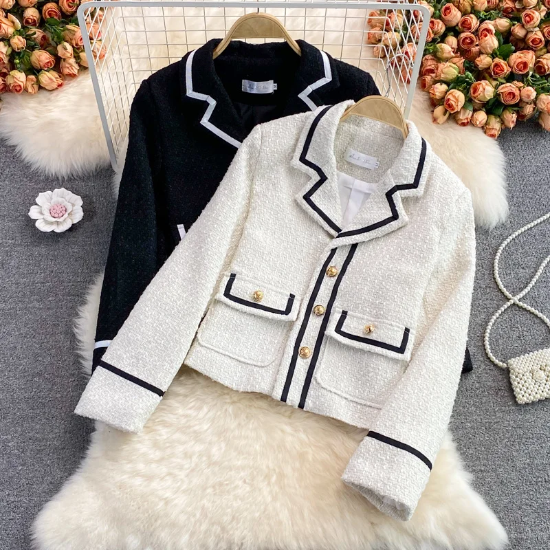 

Small Fragrance Short Coats 2021 Autumn Korean Fashion Streetwear Tweed Jacket Coat Women Long Sleeve Vintage Outwear Crop Top