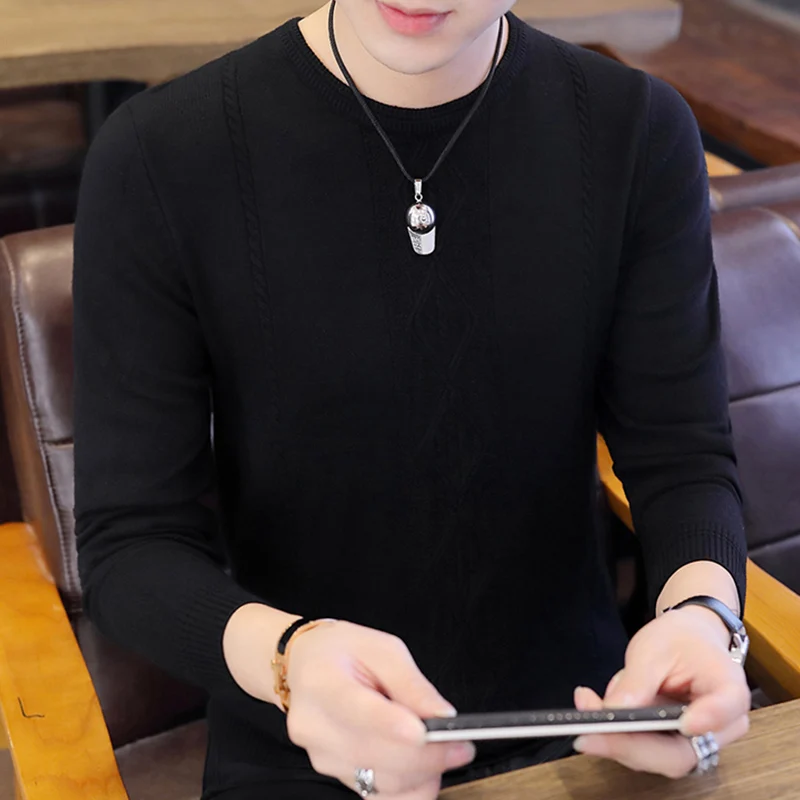 

2020 Men's Autumn Trendy Slim Thin Sweater Youth Solid Color Casual Bottoming Set round Neck Sweater