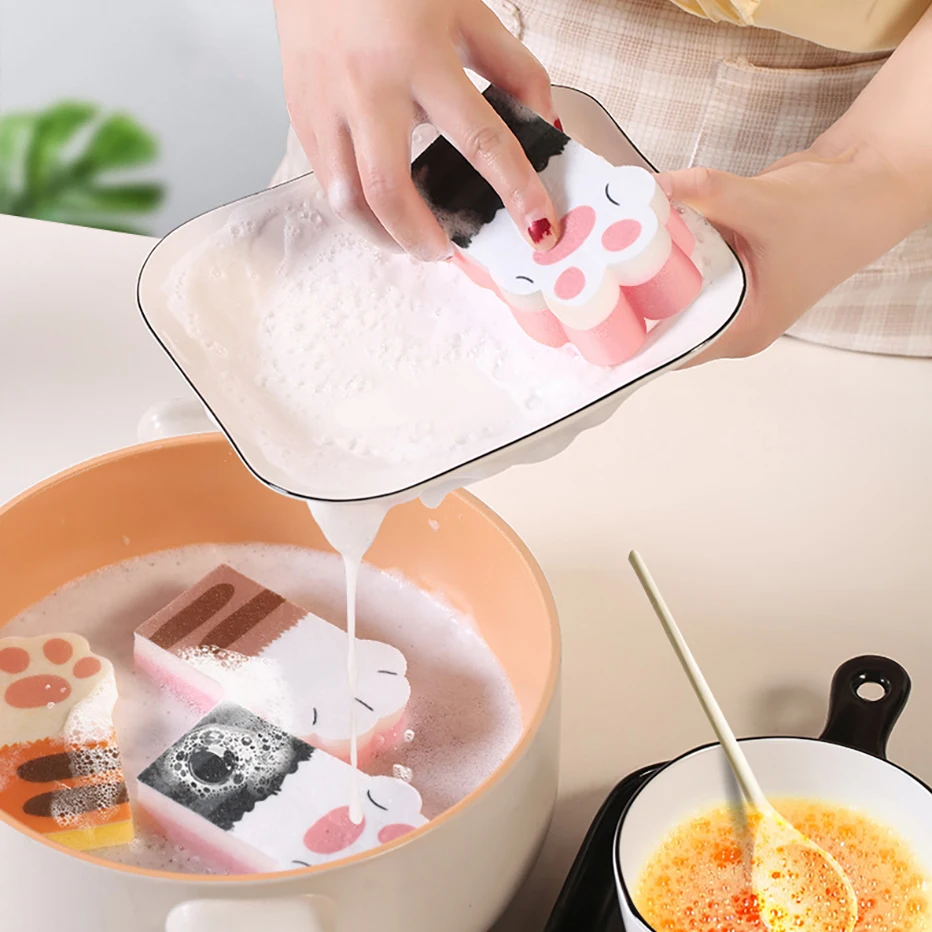 3PCS Kitchen Scrub Sponge Cute Cat Paw Shape Non-Scratch Dishwashing Heavy Duty Pad for Cleaning Dish Scrubber | Дом и сад