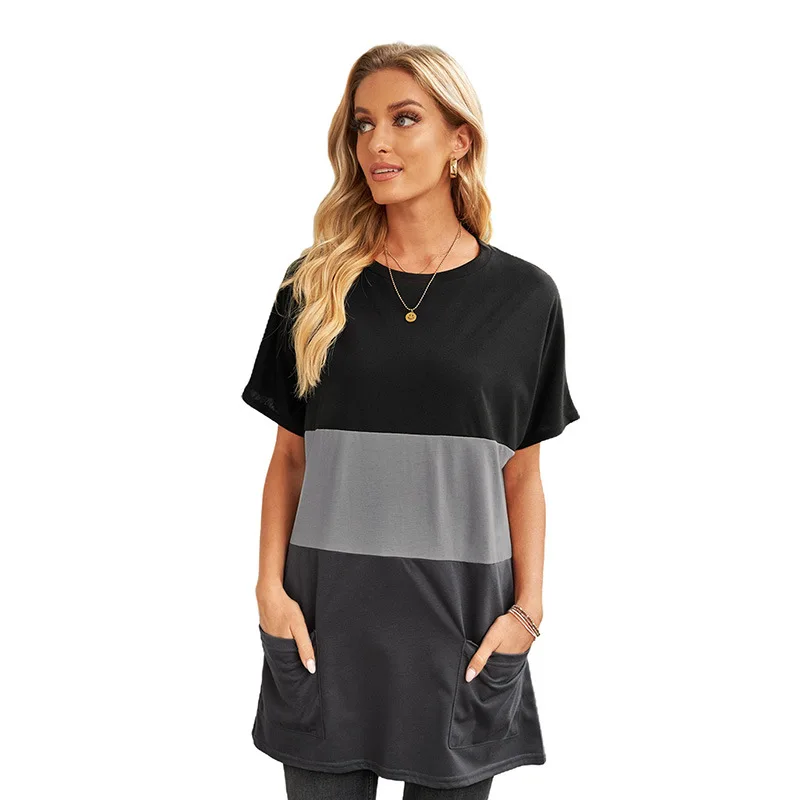 

Women's European and American short-sleeved dress stitching 2021 hedging new round neck ladies dress 226168