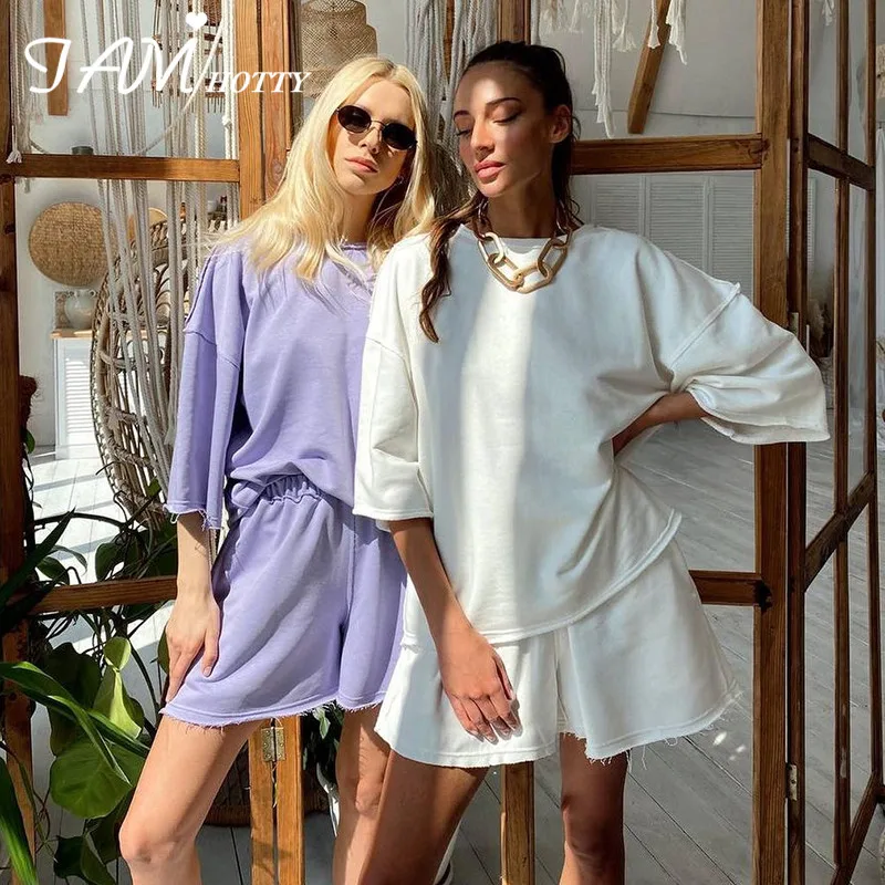 

Solid Oversize T-shirt Shorts Sets 2 Piece Women Loose Sportswear Casual Outfit Summer Vintage Basic Trouser Suits 2021 Iamhotty