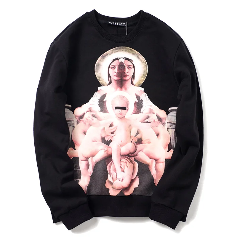 

New 19ss Men luxury Virgin Mary 3D Oil Hoodies Hoody hooded Sweatshirts velvet Cotton Drake Thick Fleece Street Hip hop #N61