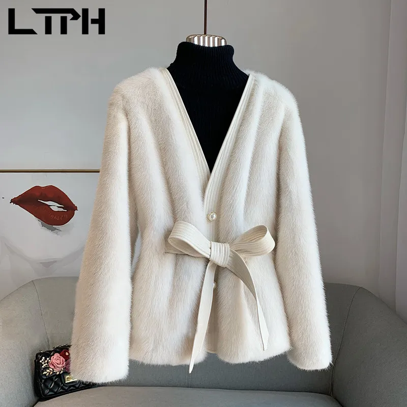 LTPH Korean fashion white faux fur coat women light luxury high quality fluffy jacket belt slim elegant outwear 2021 autumn new