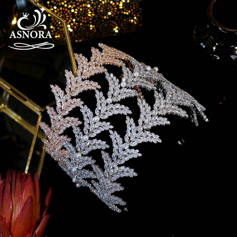 New Rose Gold Leaf Crystal Headband Wedding Hair Accessories Cubic Zirconia Pearl Tiara Bride Crown Party Diadema Women Jewelry