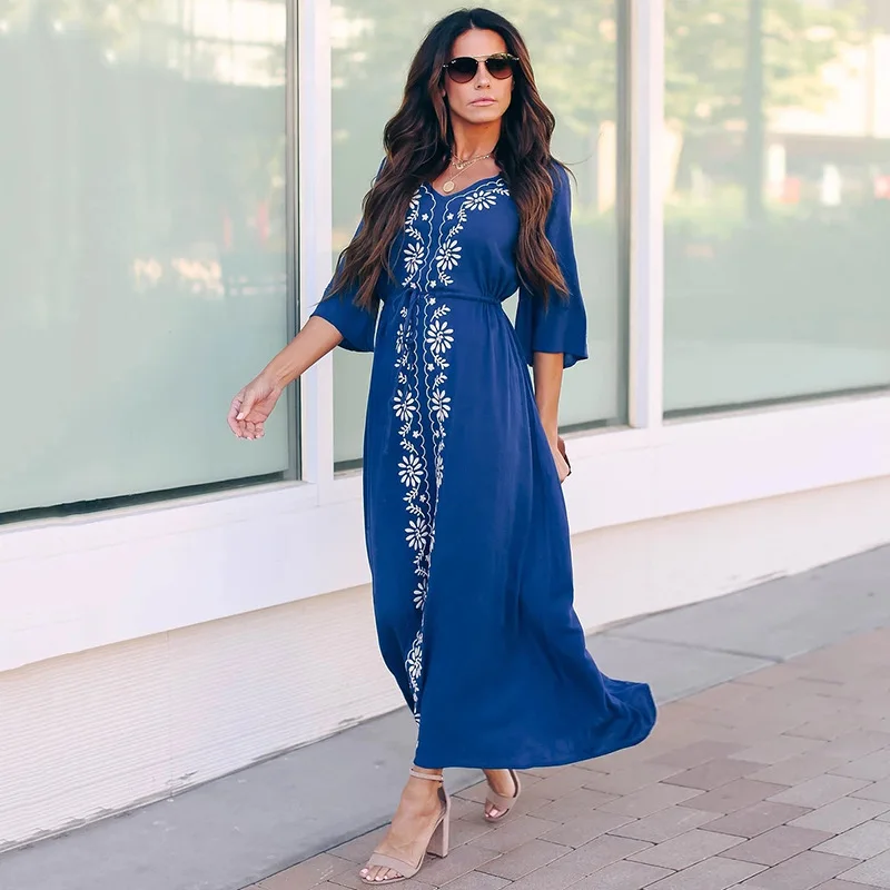 New Blue Bottom White Embroidered Drawstring Beach Skirt Seaside Resort Sun Protection Clothing Women'S Swimsuit Blouses Robe