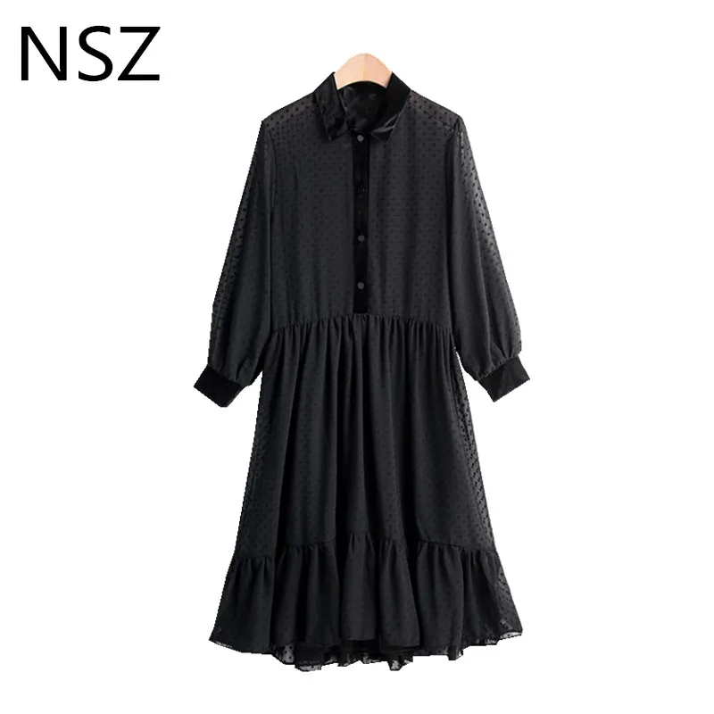 NSZ женское черное шифоновое макси платье с длинным рукавом в горошек оборками по