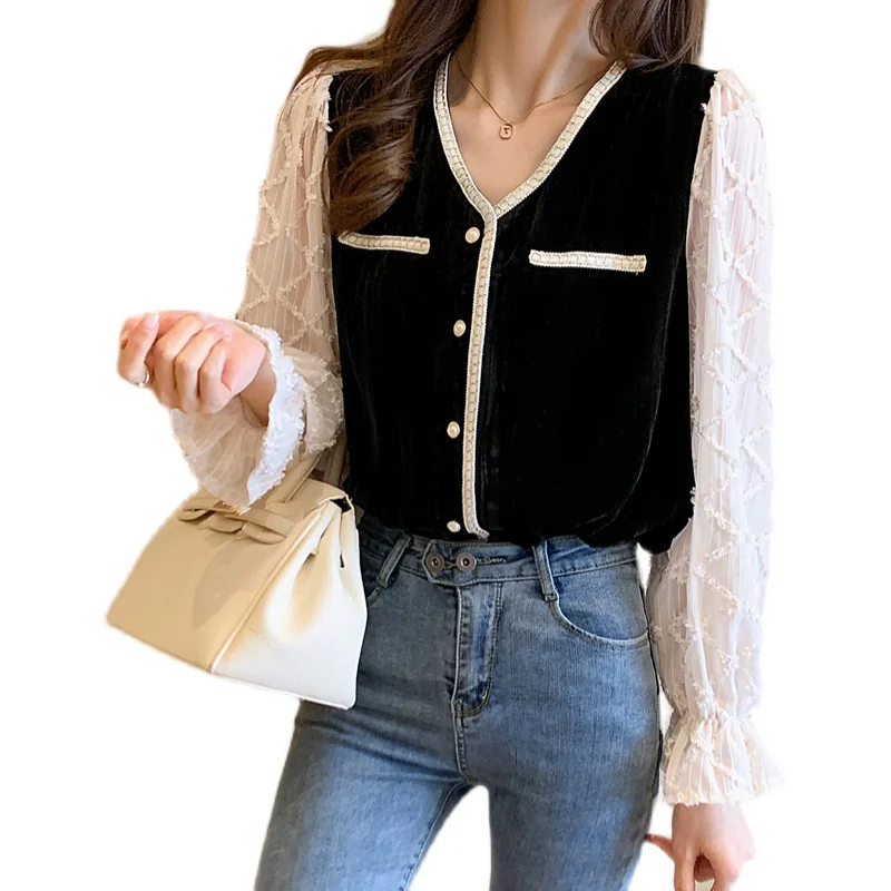 

Women's Blouses Chiffon Long Sleeve Tops V-neck Shirts Loose Bow Fashion Casual Jacquard Splicing Commute