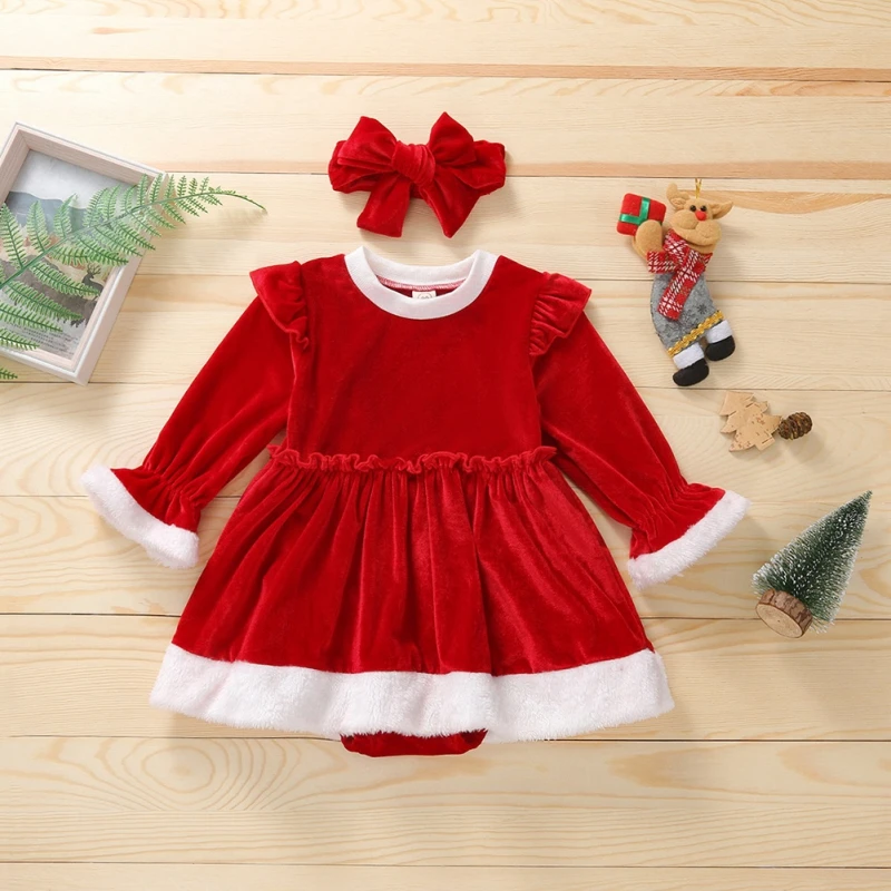 

Baywell/рождественское платье-комбинезон для маленьких девочек повязка на голову; Комплект одежды из 2 предметов; Золотые бархатные красные пл...