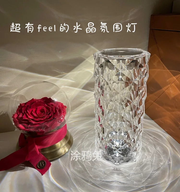 

Led Crystal Table Lamp Touch Discolor Rechargeable Desktop Projector Rose Desk Lamp RGB Night Light Bedside Bar Decoration Gift