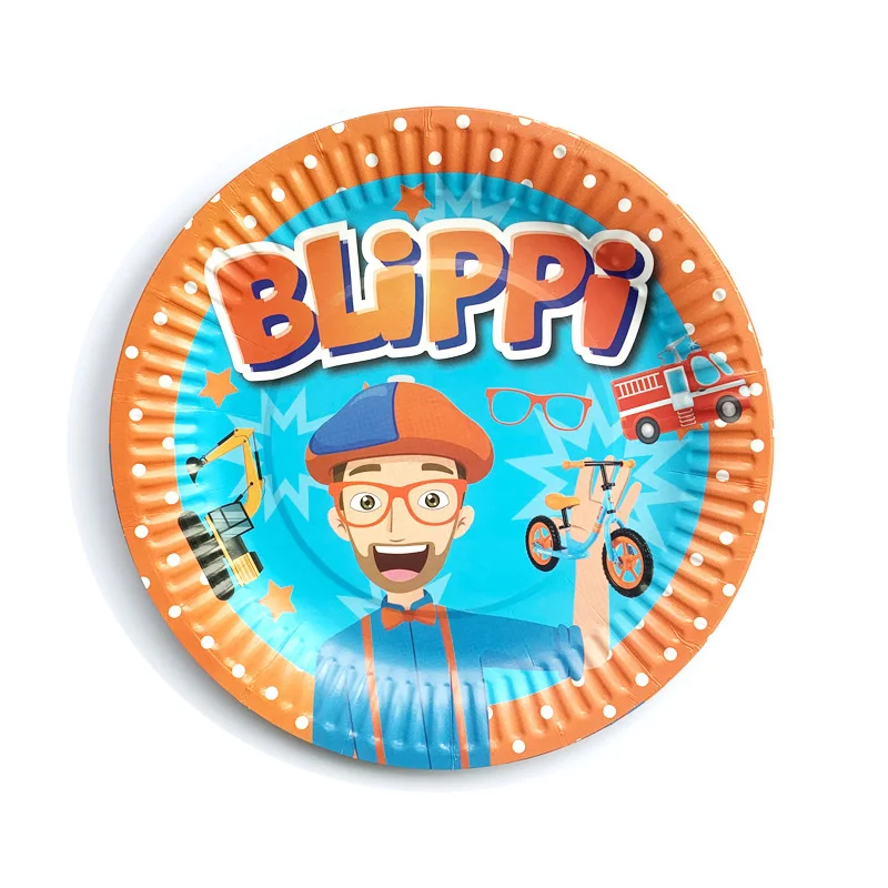 Blippi День рождения поставки посуда бумажные стаканчики и тарелки Шапки Baby Shower