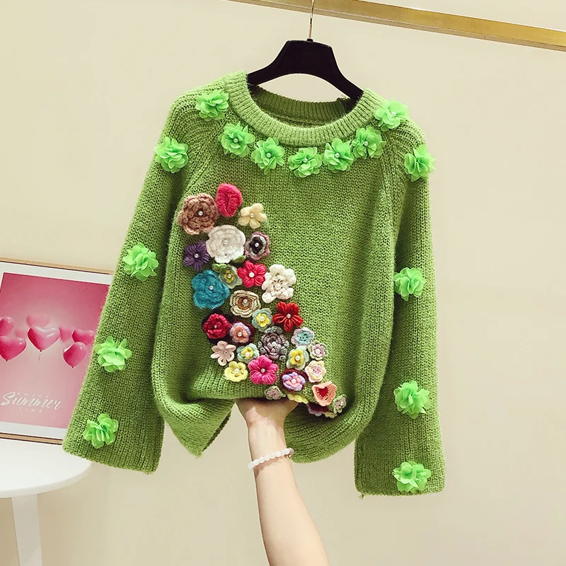 Harajuku Beaded Colorful Flowers Sweater Women's Autumn Winter New Loose and Warm Knitwear Girls Sweaters Woman Knitted Pullover