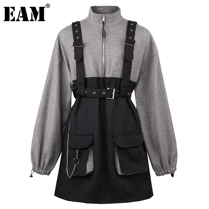 

[EAM] Women Big Size Pockets Metal Chain Dress New Stand Collar Long Sleeve Loose Fit Fashion Tide Spring Autumn 2021 1DD4210