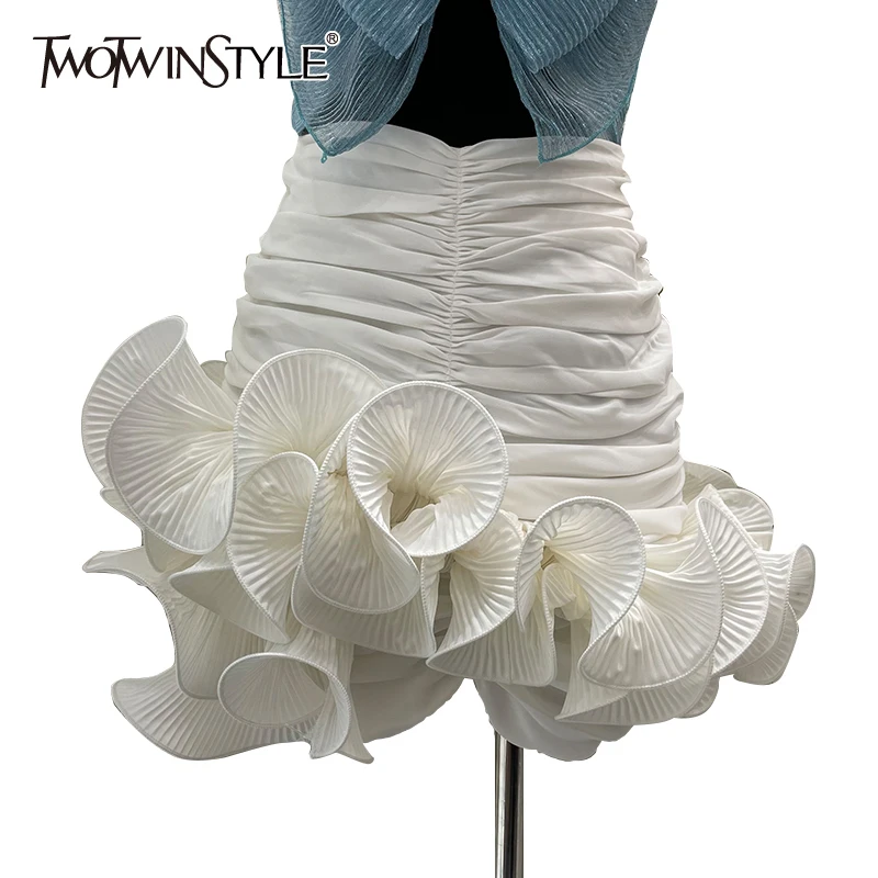 

Twotwinstyle casual saia branca para mulheres de cintura alta retalhos ruched mini saias femininas moda 2021 estilo