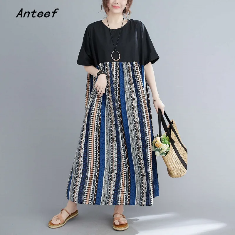 

short sleeve oversized cotton vintage stripe dresses for women casual loose long woman summer dress elegant clothes 2022